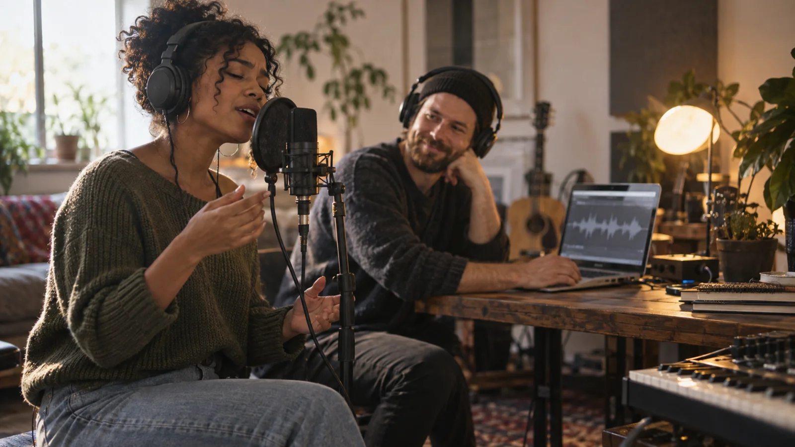 Cantora improvisando uma melodia no microfone em cima de um beat tocando no notebook, enquanto um produtor escuta sorrindo