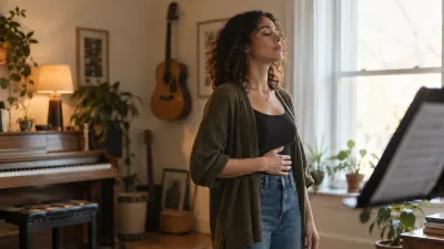 A singer stands by a window with one hand on the lower ribs, breathing in before a phrase, a lyric sheet on a music stand beside them in soft morning light