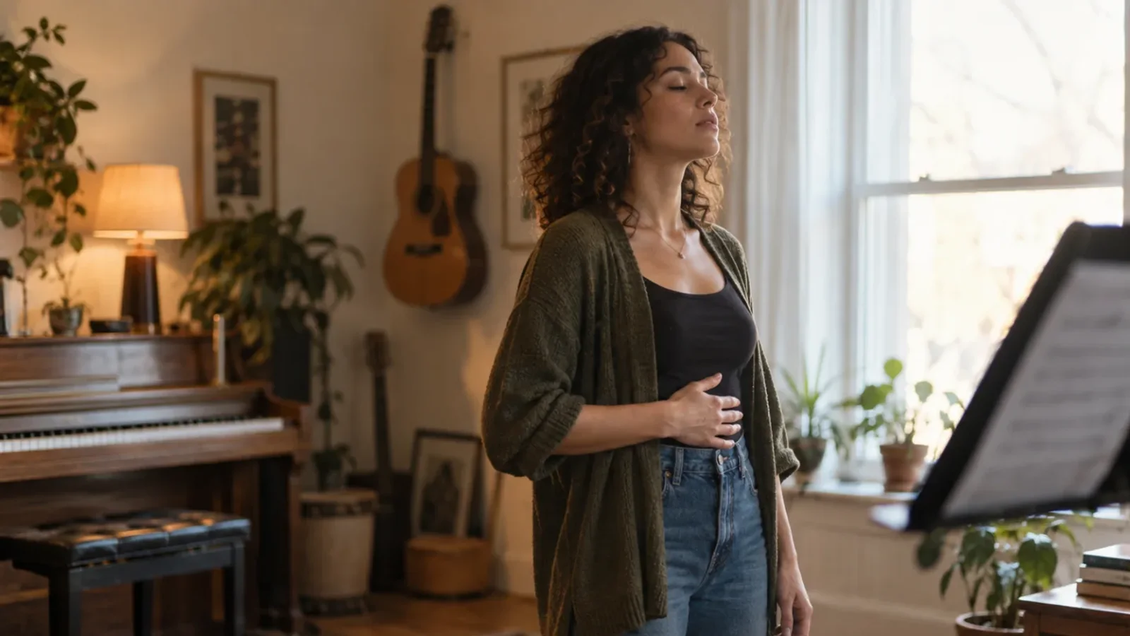 Una cantante in piedi vicino a una finestra, con una mano sulle costole basse, prende fiato prima di una frase; accanto a lei il testo su un leggio, nella luce morbida del mattino