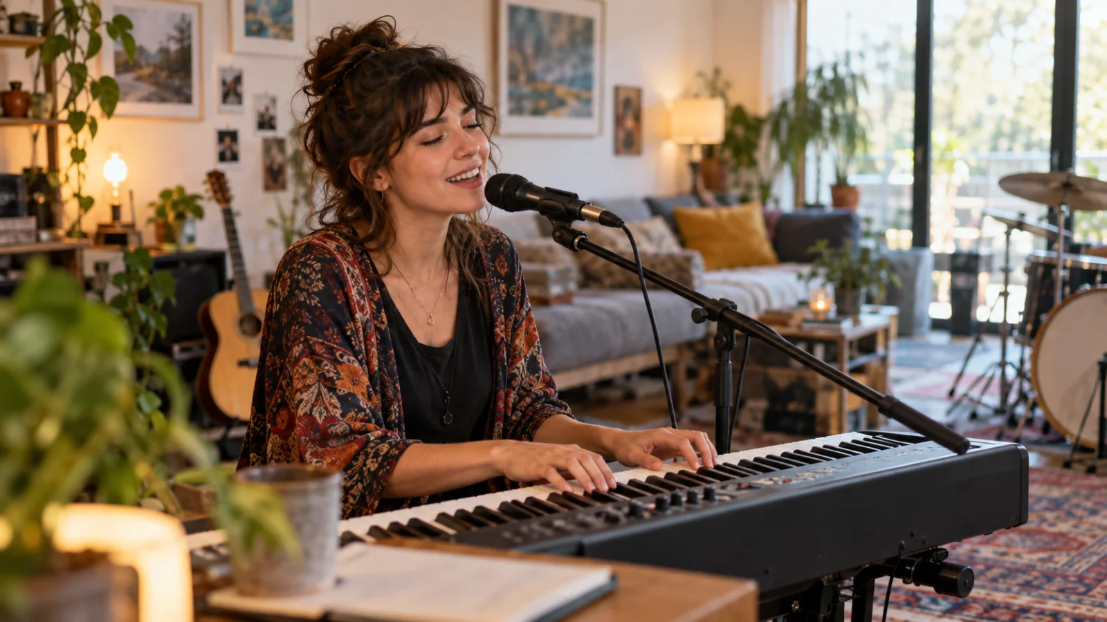 Eine Person am Keyboard in einem hellen Wohnzimmerstudio, die lächelnd eine eingängige Zeile singt, umgeben von farbenfroher, aber geschmackvoller Einrichtung