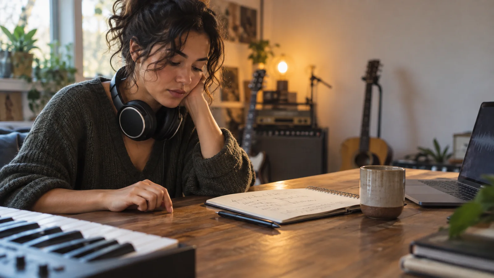 Una compositora con los auriculares al cuello marca el ritmo con el dedo en la mesa, junto a una libreta de letras abierta y un teclado