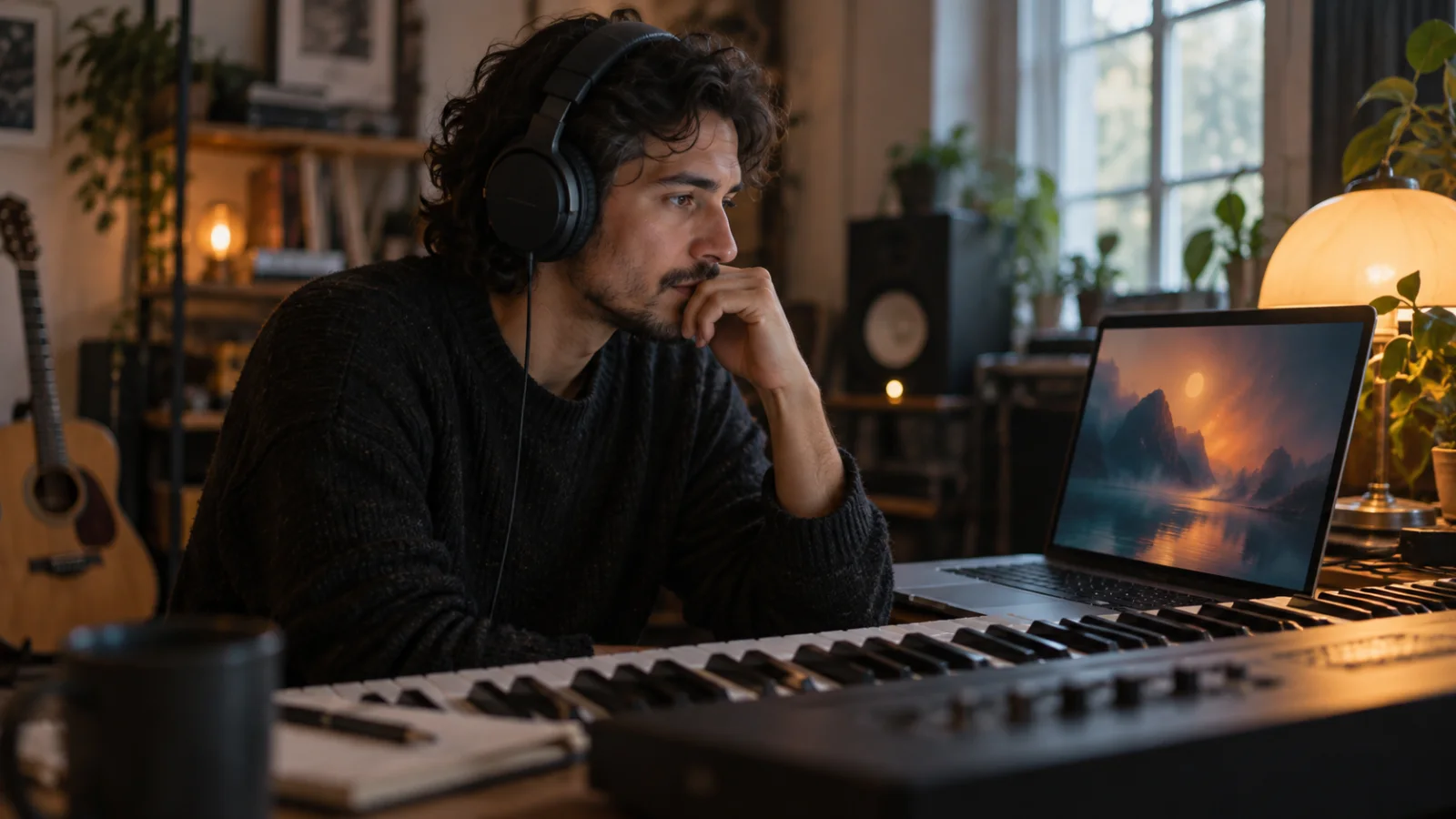 Musicista con le cuffie in uno studio di casa, seduto davanti a una tastiera, che guarda la scena di un film su un portatile il cui schermo mostra solo colori astratti