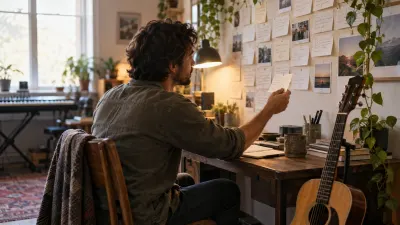 Songwriter picking one handwritten idea card from a wall of cards and photos pinned above a desk, with a guitar nearby