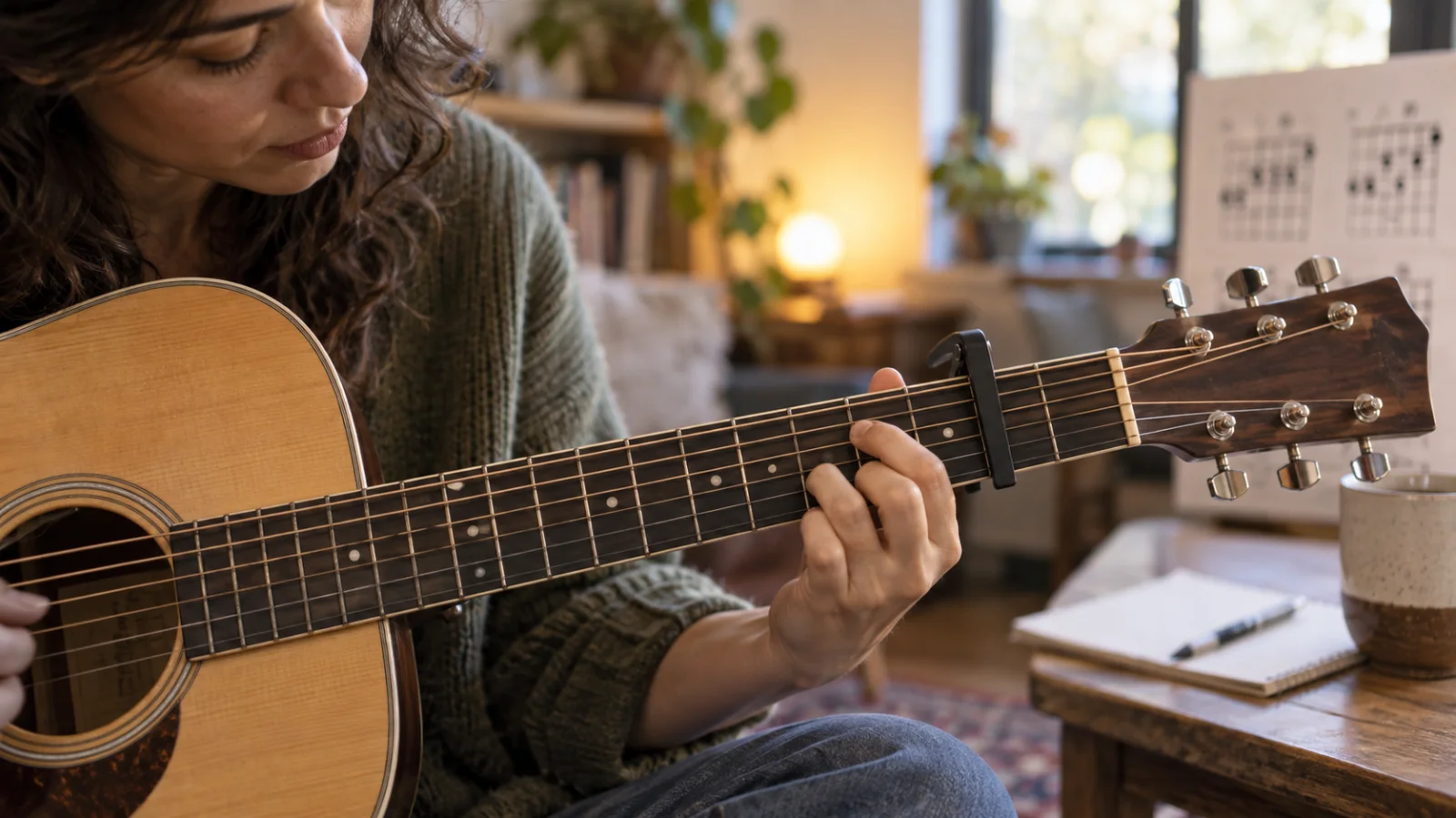Primo piano di un capotasto stretto subito dietro il terzo tasto di una chitarra acustica, una mano che forma la posizione di Sol e una tabella di accordi sfocata su un leggio