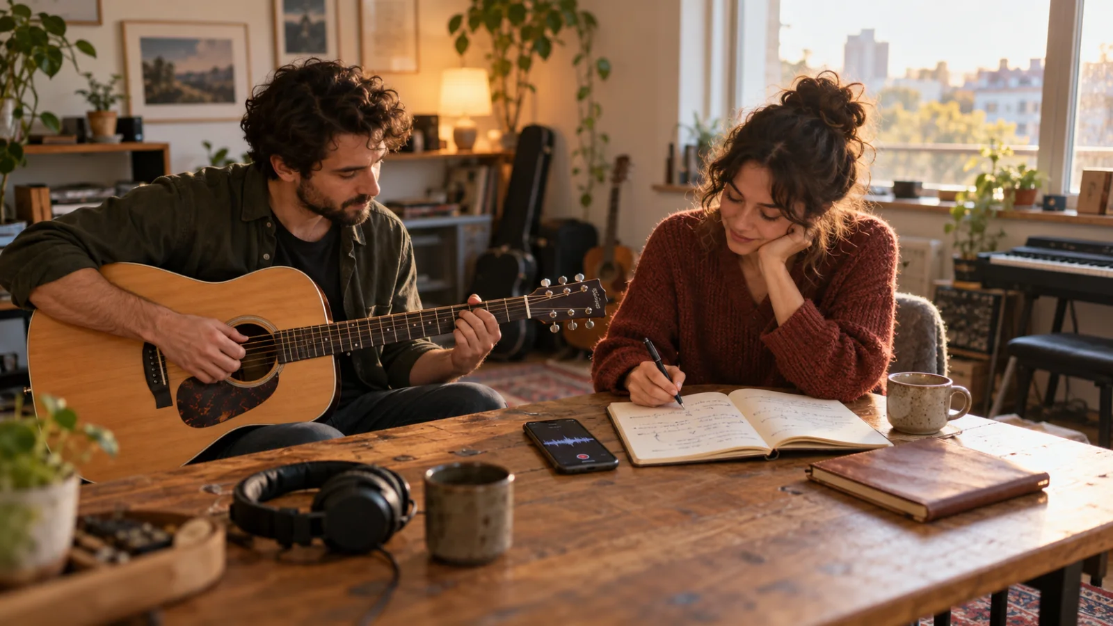 Two songwriters at a small wooden table, one playing an acoustic guitar and the other writing in a notebook full of lines and arrows, with a phone recording between them