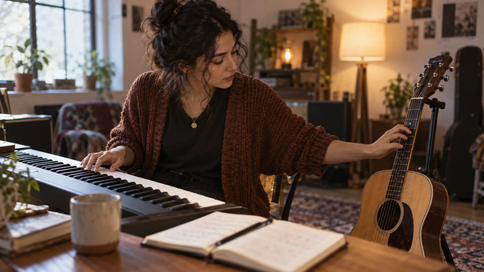 Una persona que compone, sentada ante un teclado con la luz cálida de una lámpara, una mano sobre las teclas y la mirada en la guitarra acústica apoyada en un soporte a su lado, comparando el mismo acorde en los dos instrumentos