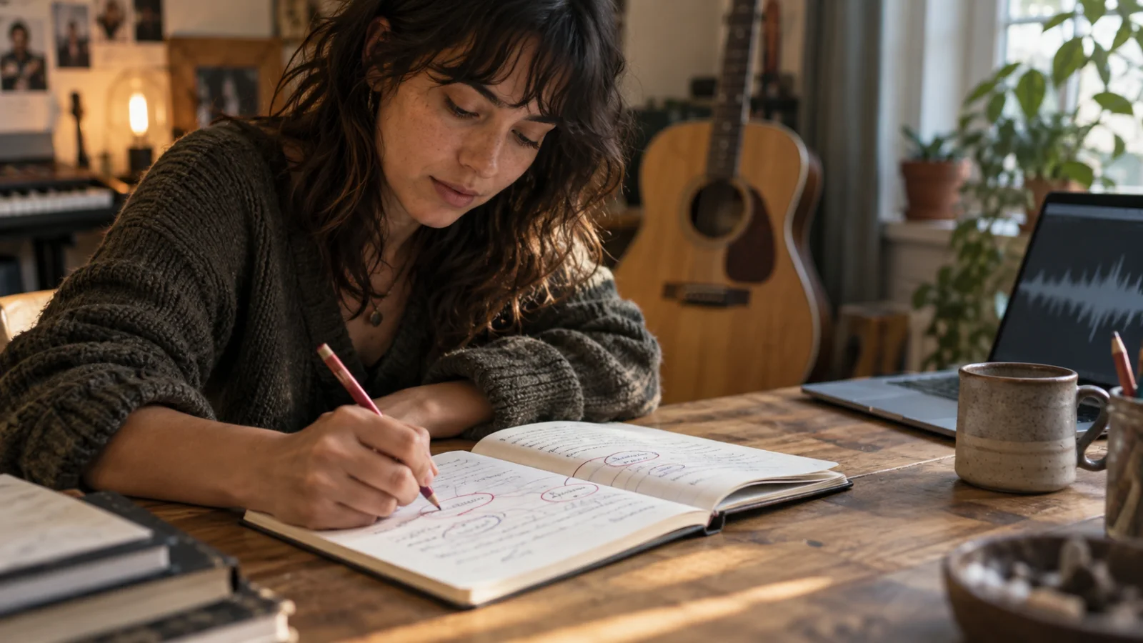 Una cantautrice corregge un testo su un quaderno con una matita colorata, a una scrivania illuminata dal sole, con una chitarra acustica alle spalle