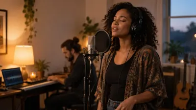 A singer with eyes closed standing at a microphone in a small home room, a keyboard in soft focus behind, in calm evening light
