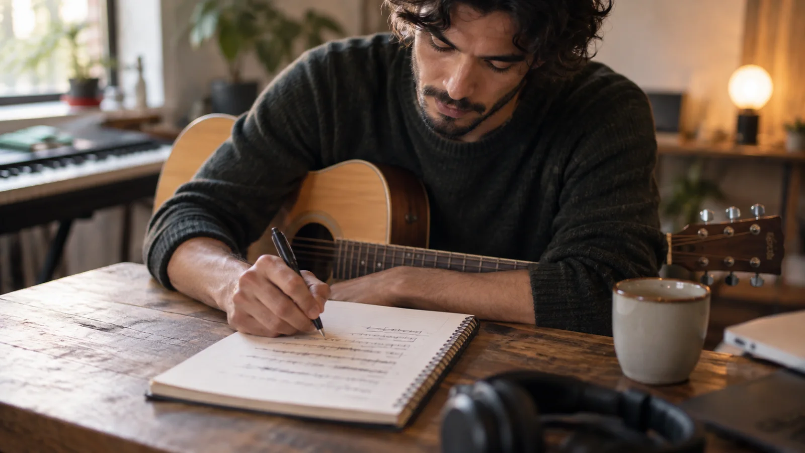 Un cantautore con la chitarra sulle gambe scrive su un quaderno a un tavolo di legno, con una tazza di caffè accanto