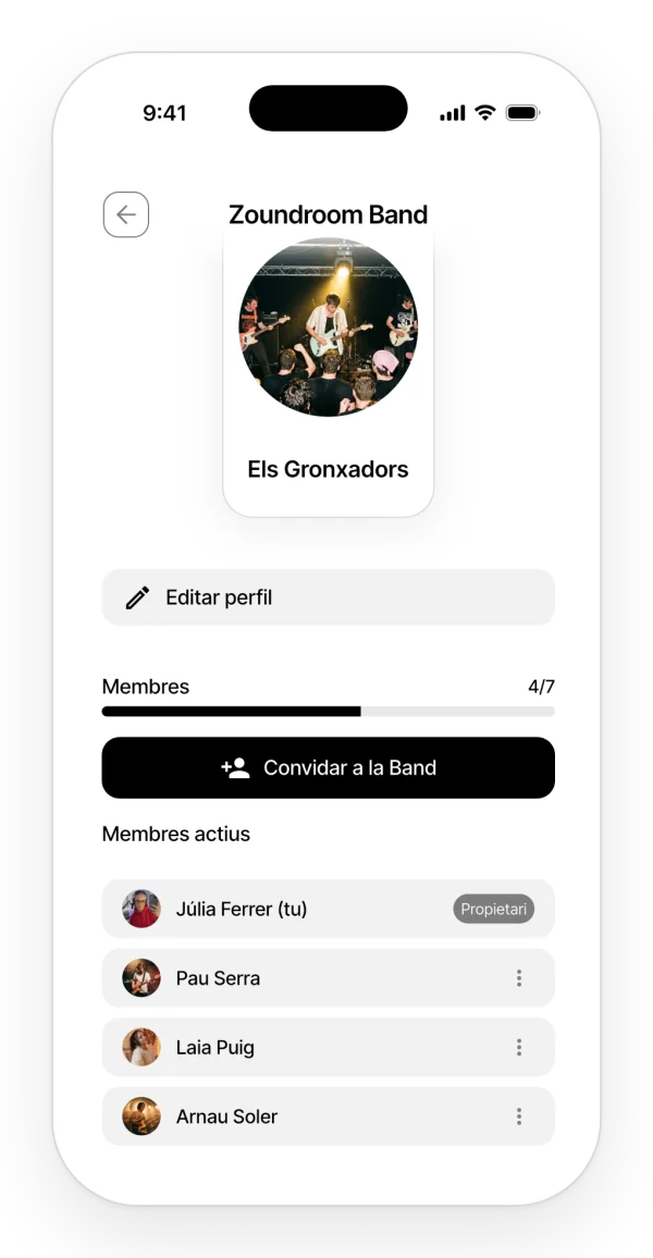 Gestió de la banda: imatge i nom, 4 de 7 membres, el botó per convidar a la Band i la llista de membres actius.