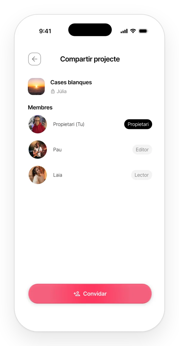 Pantalla per compartir un projecte: la propietària i dos col·laboradors amb el seu rol, i el botó per convidar.