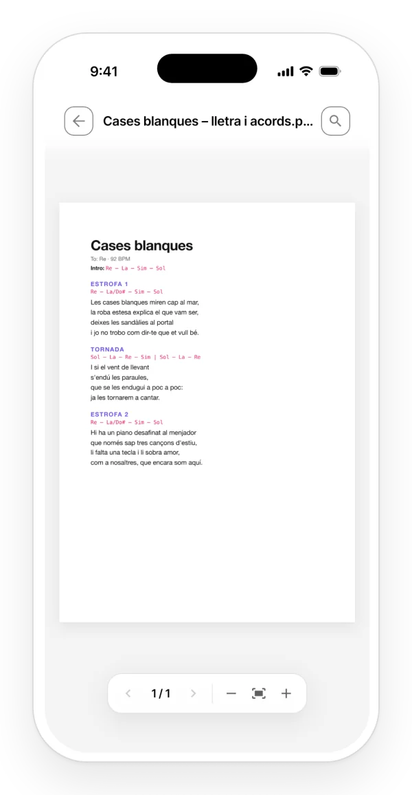 Un PDF amb la lletra i els acords d'una cançó, obert dins del seu projecte a l'app.