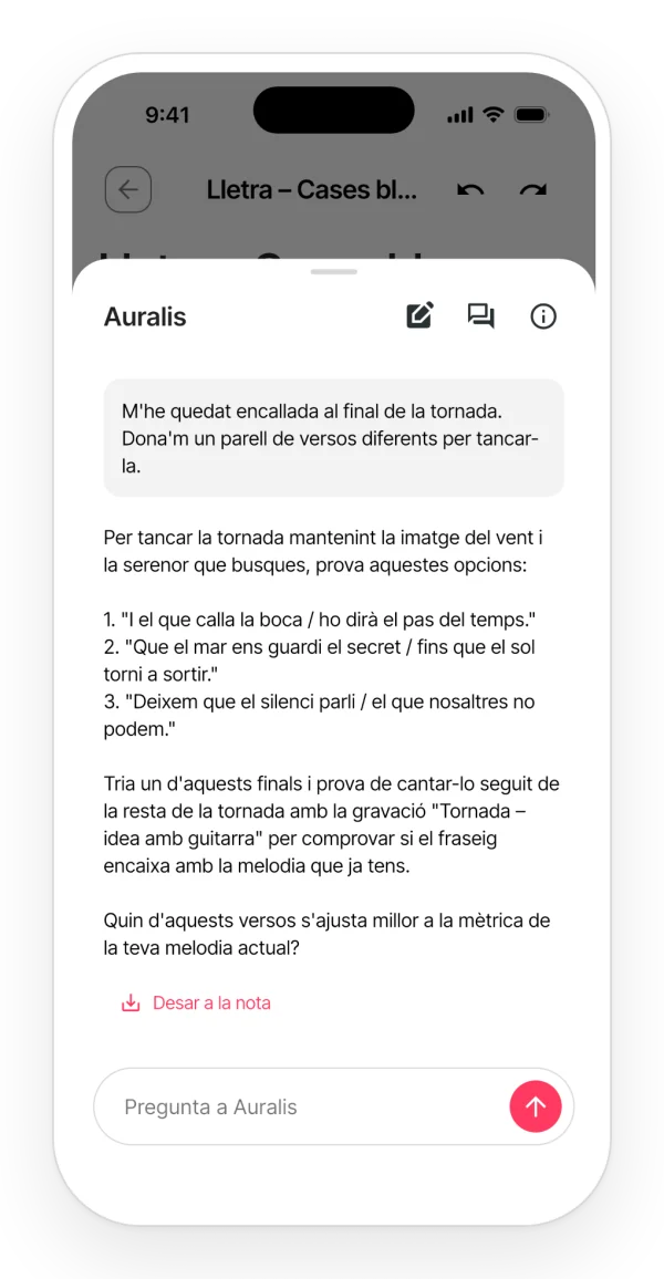Conversa amb Auralis a l'app: una petició per desencallar la lletra i versos alternatius com a resposta.