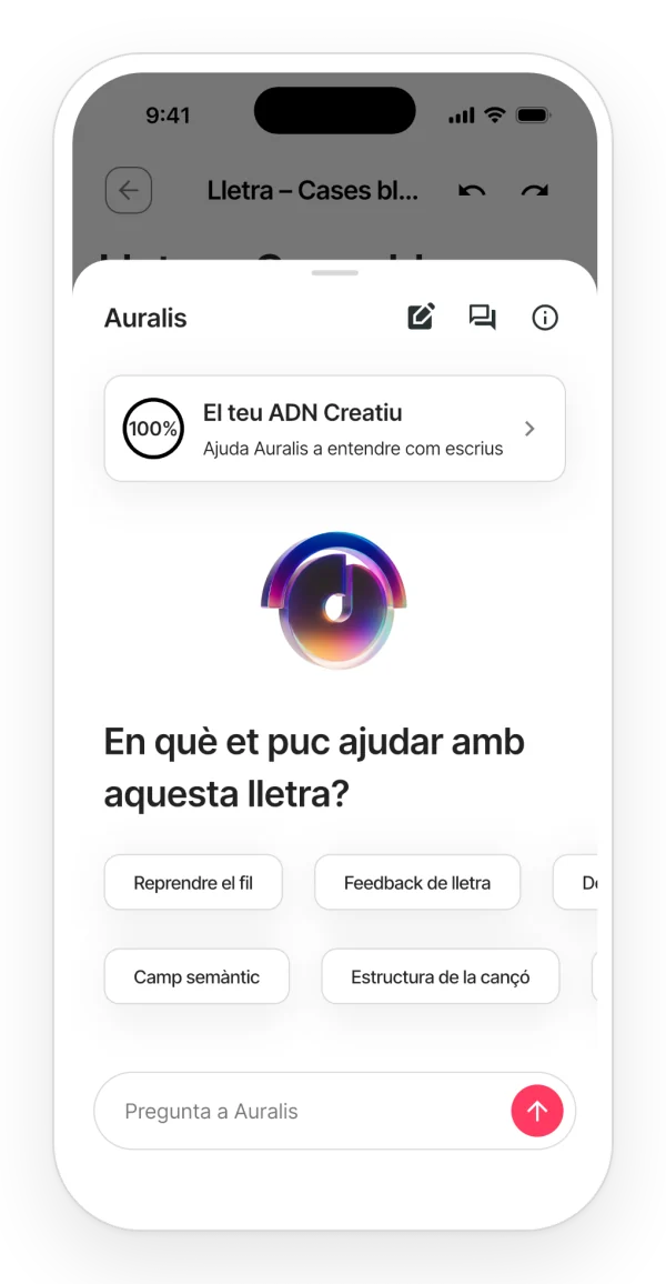 Auralis obert en una nota: l'ADN creatiu i suggeriments per començar, com reprendre el fil o demanar opinió sobre la lletra.