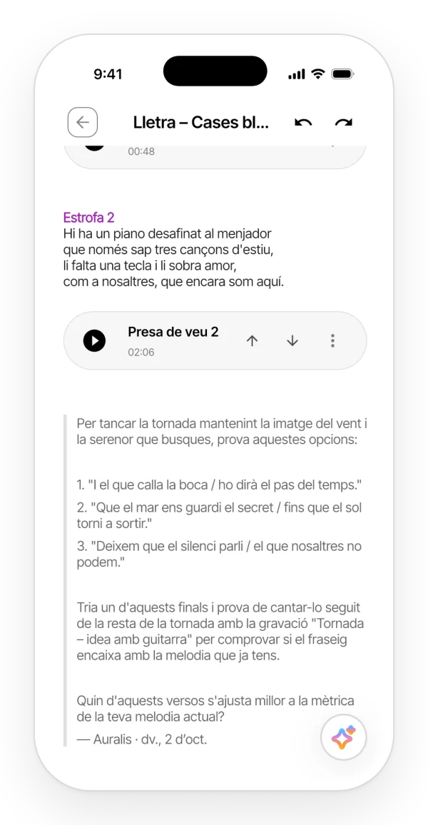 Una nota amb una resposta d'Auralis desada com a cita al final de la lletra.