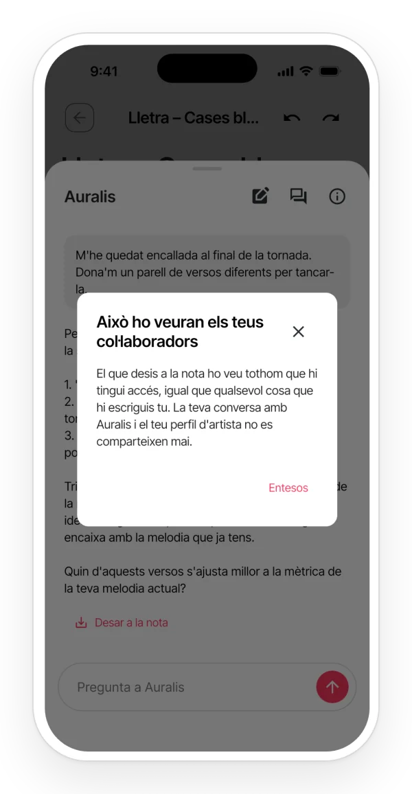 Avís de privacitat d'Auralis: el que deses a la nota ho veu qui hi tingui accés; la conversa i el teu perfil d'artista no es comparteixen.