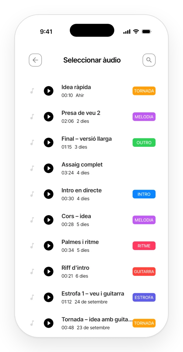 Llista per triar un àudio del projecte i inserir-lo a la nota, amb cercador i filtre per etiqueta.