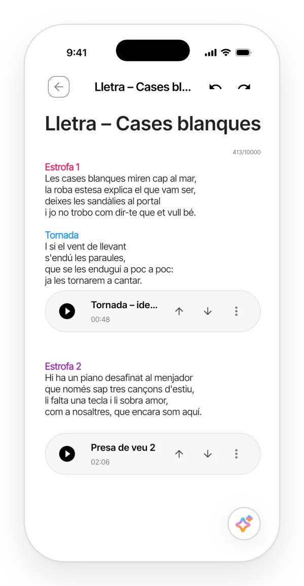 Una nota amb la lletra d'una cançó a l'app, amb les seccions en color i una presa d'àudio inserida sota la tornada.