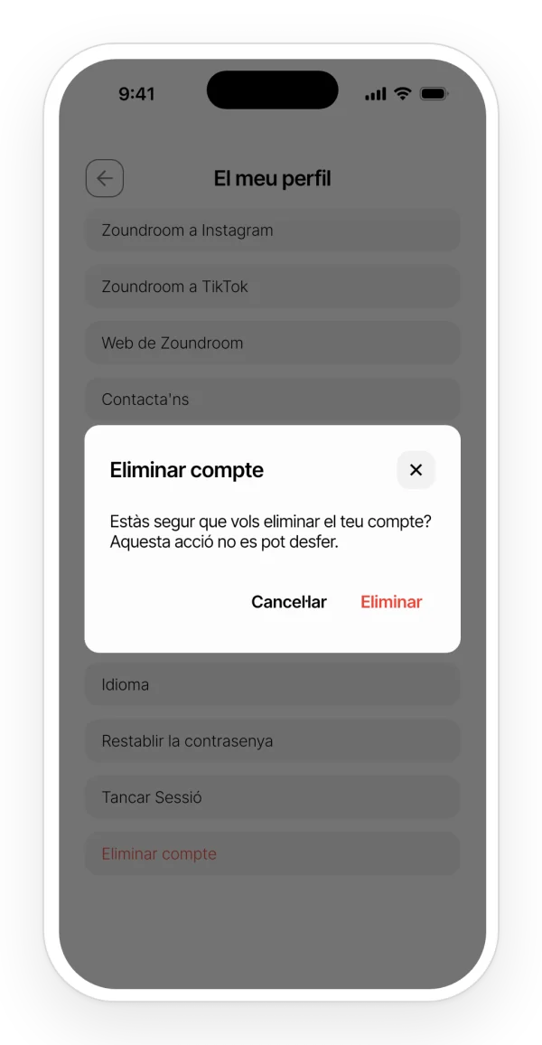 Confirmació per eliminar el compte des del perfil de l'app, amb les opcions de cancel·lar o eliminar.