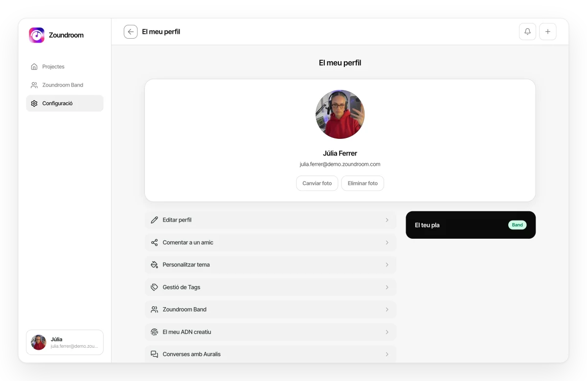Perfil al web amb la targeta del pla, que indica el pla actiu (Band), i les opcions del compte.