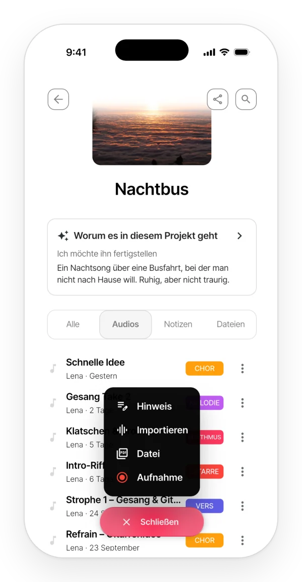 Das Menü zum Hinzufügen in einem Projekt der App: Notiz erstellen, Audio importieren, Datei hochladen oder aufnehmen.