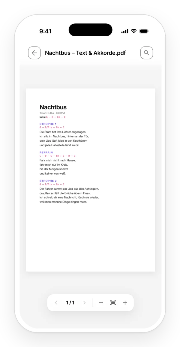Ein PDF mit Text und Akkorden eines Songs, geöffnet in seinem Projekt in der App.