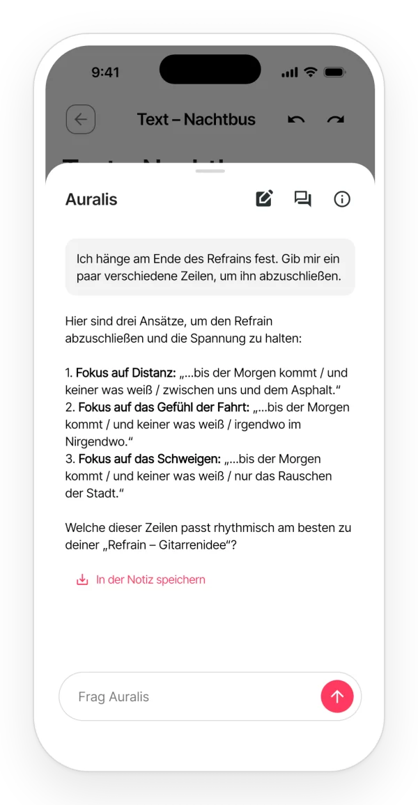 Ein Gespräch mit Auralis in der App: die Bitte um Hilfe bei einem festgefahrenen Songtext und alternative Zeilen als Antwort.