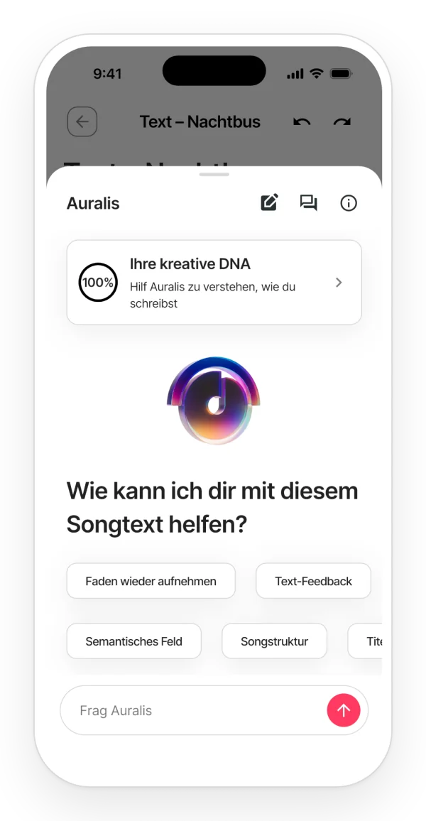Auralis in einer Notiz: die kreative DNA und Vorschläge für den Einstieg, etwa den Faden wieder aufnehmen oder Feedback zum Songtext.