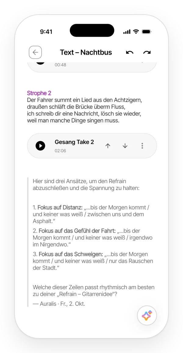 Eine Notiz mit einer Antwort von Auralis, als Zitat am Ende des Songtexts gespeichert.