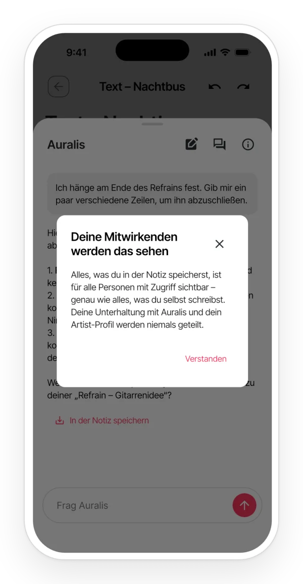 Datenschutzhinweis von Auralis: Was du in der Notiz speicherst, sehen alle mit Zugriff; dein Gespräch und dein Künstlerprofil werden nie geteilt.