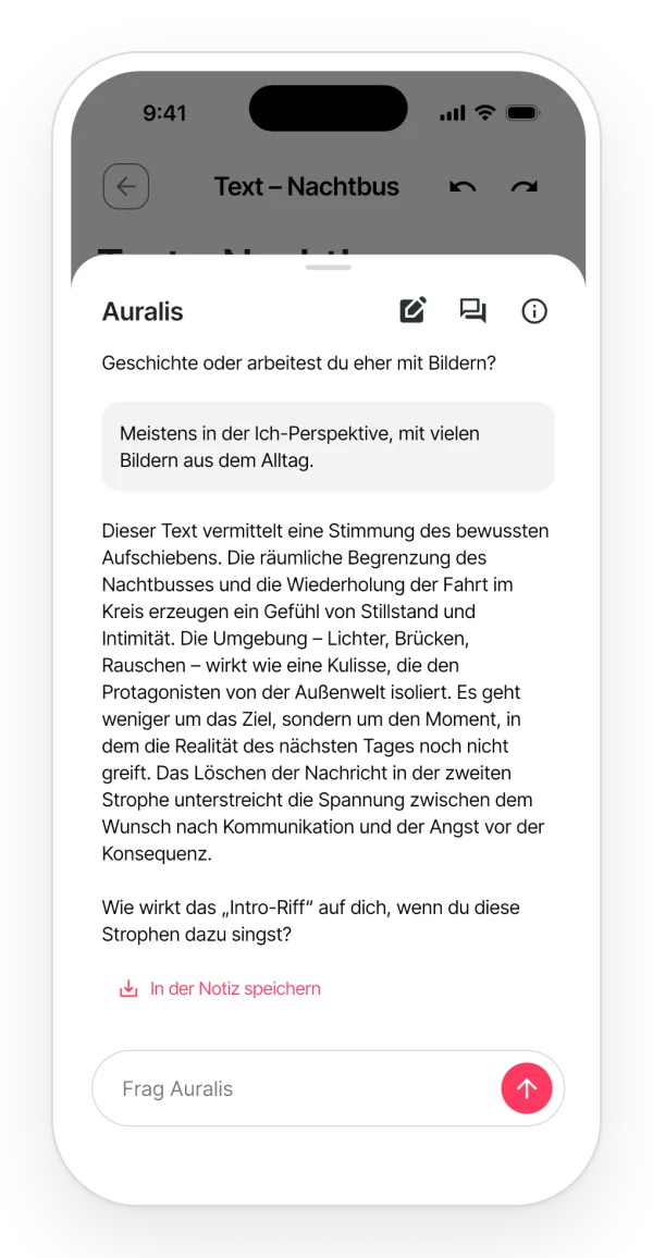 Die Antwort von Auralis, wenn du es bittest, den Songtext wie beim ersten Hören zu lesen: was er vermittelt, der Ton und eine abschließende Frage.