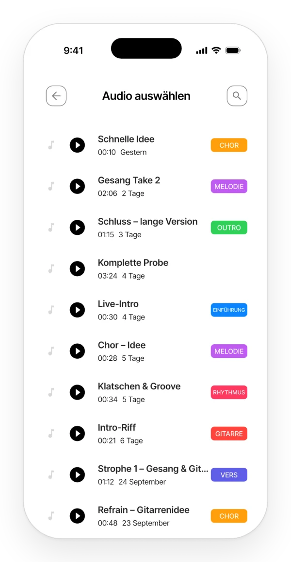 Auswahl eines Audios aus dem Projekt zum Einfügen in die Notiz, mit Suche und Tag-Filter.