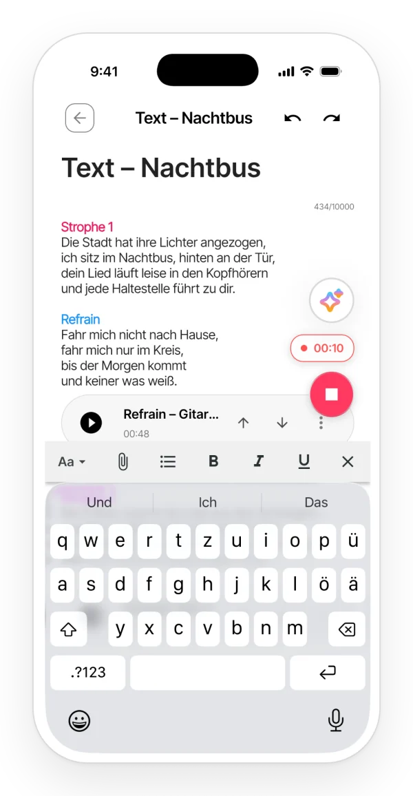 Aufnahme eines Takes direkt in einer Notiz: roter Hinweis mit der Aufnahmezeit über dem Songtext.