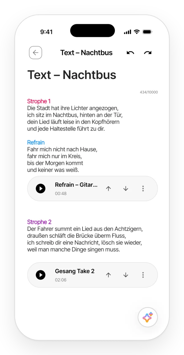 Eine Notiz mit einem Songtext in der App, mit farbigen Abschnitten und einem eingefügten Audio-Take unter dem Refrain.