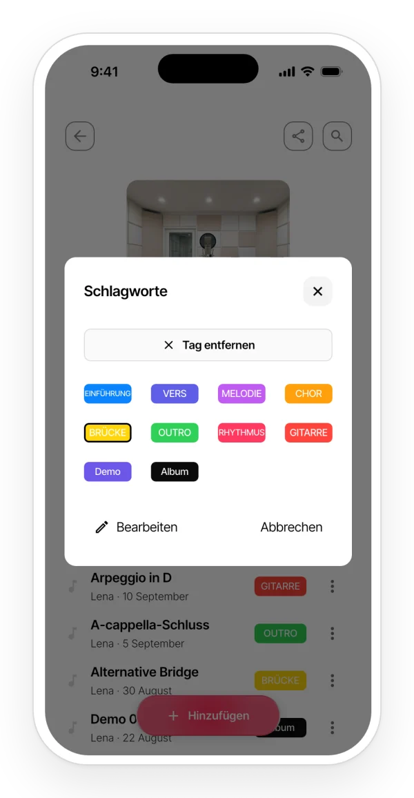 Einem Audio einen Tag geben: die Standard-Tags und zwei eigene.