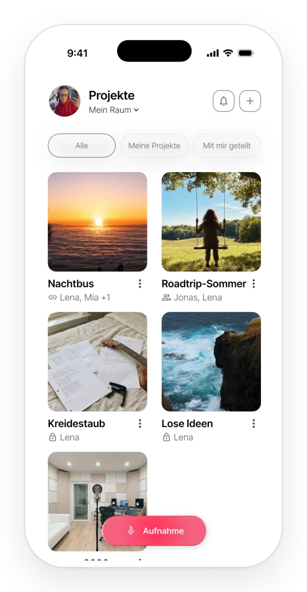 Die Projektübersicht der App in zwei Spalten, mit Cover, Name und den Beteiligten jedes Projekts.