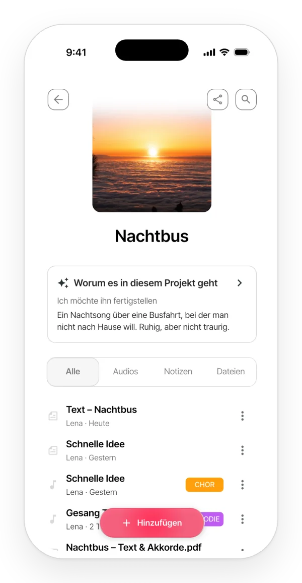 Der Tab mit allen Inhalten eines Projekts in der App: Songtext, Notizen, Audios und das PDF in einer Liste.