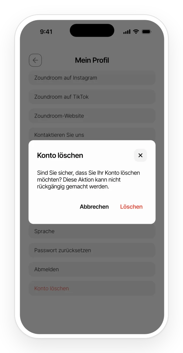 Bestätigung zum Löschen des Kontos im Profil der App, mit den Optionen Abbrechen oder Löschen.