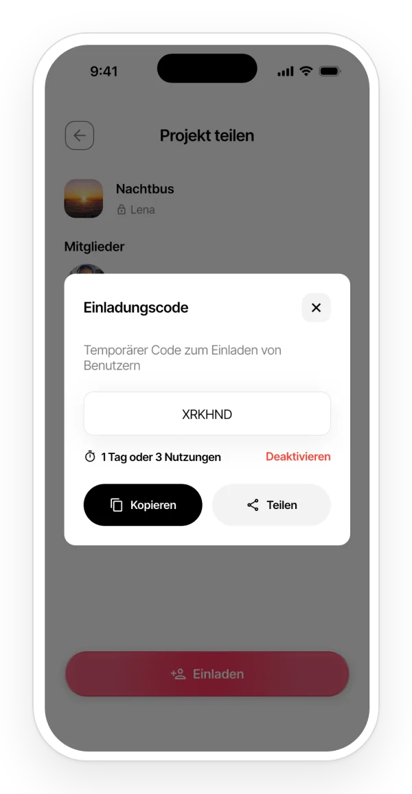 Ein Einladungscode für ein Projekt, gültig für einen Tag oder eine bestimmte Anzahl von Nutzungen, mit Schaltflächen zum Kopieren oder Teilen.
