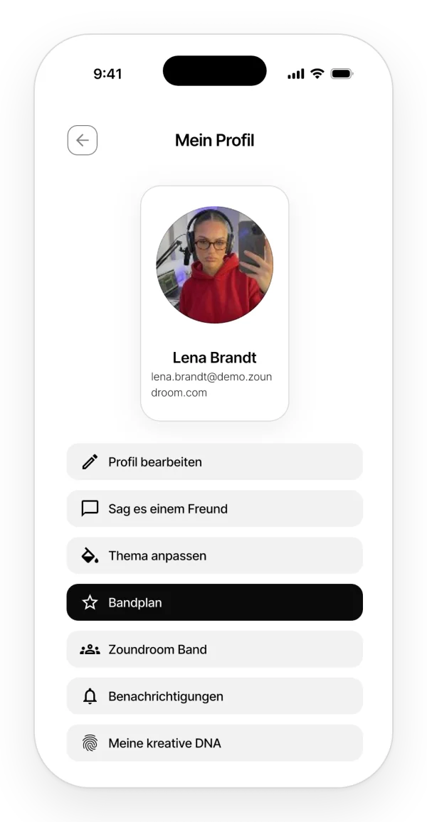 Profil in der App: Foto, Name und Kontooptionen wie Profil bearbeiten, Design, Tarif, Band und Benachrichtigungen.