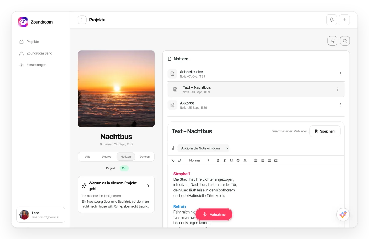 Dieselbe Notiz im Web-Editor, mit Formatierungsleiste und dem Songtext.