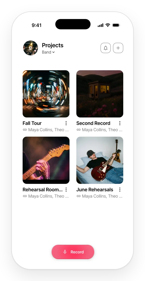 The Band space in the app: the band's shared projects with their covers and members.