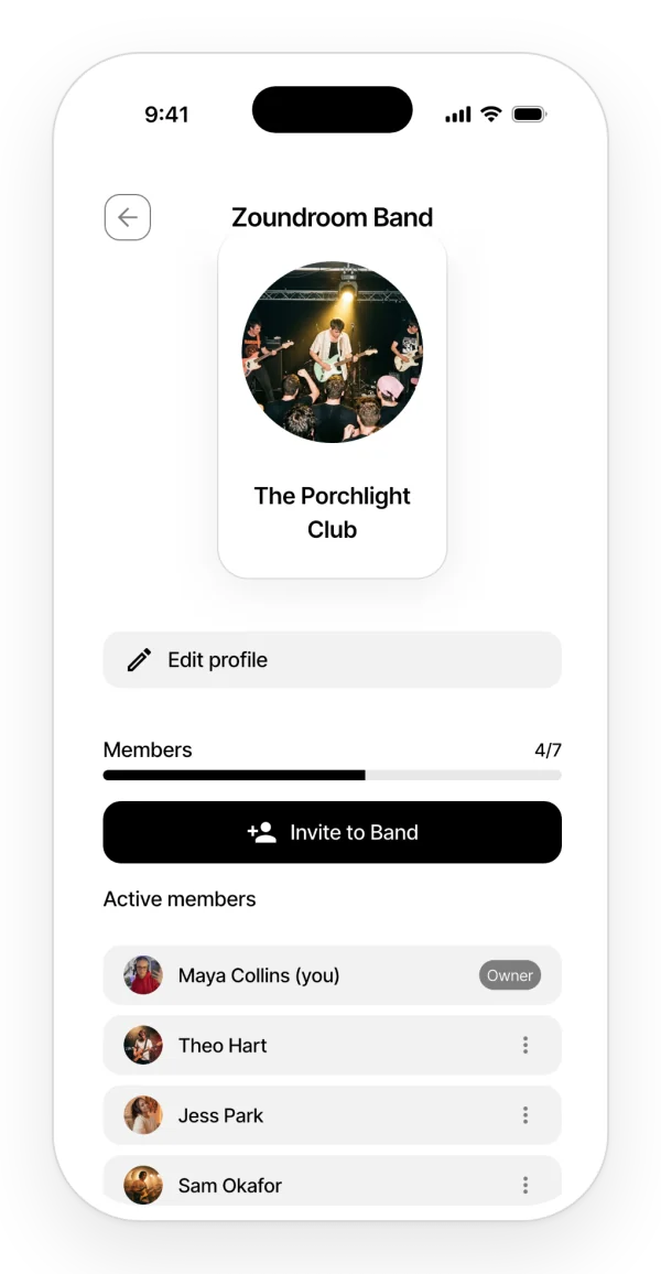 Band management: picture and name, 4 of 7 members, the button to invite to the Band and the list of active members.