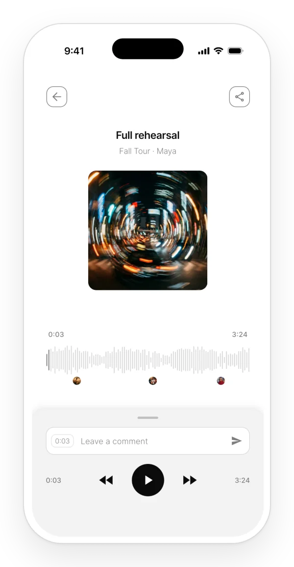 Player for a band rehearsal: cover, comment markers under the waveform and the field to comment at that second.