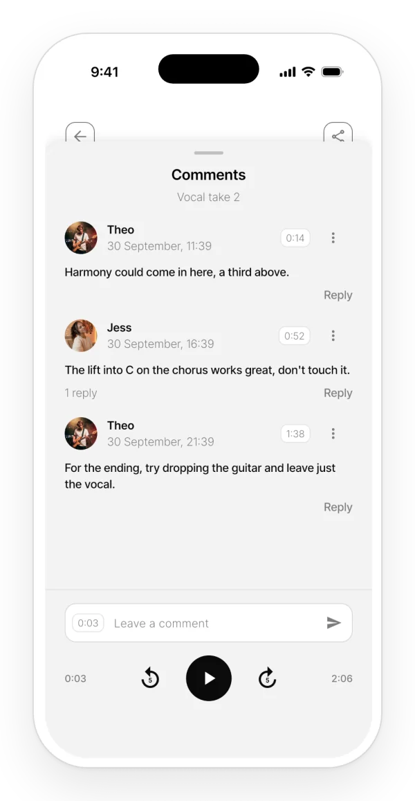Time-stamped comments on an audio: three comments from collaborators, each at its own second, and a reply.