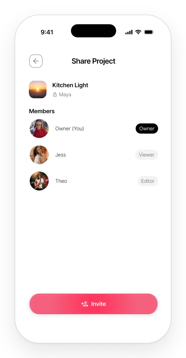Sharing a project: the owner and two collaborators with their roles, and the Invite button.