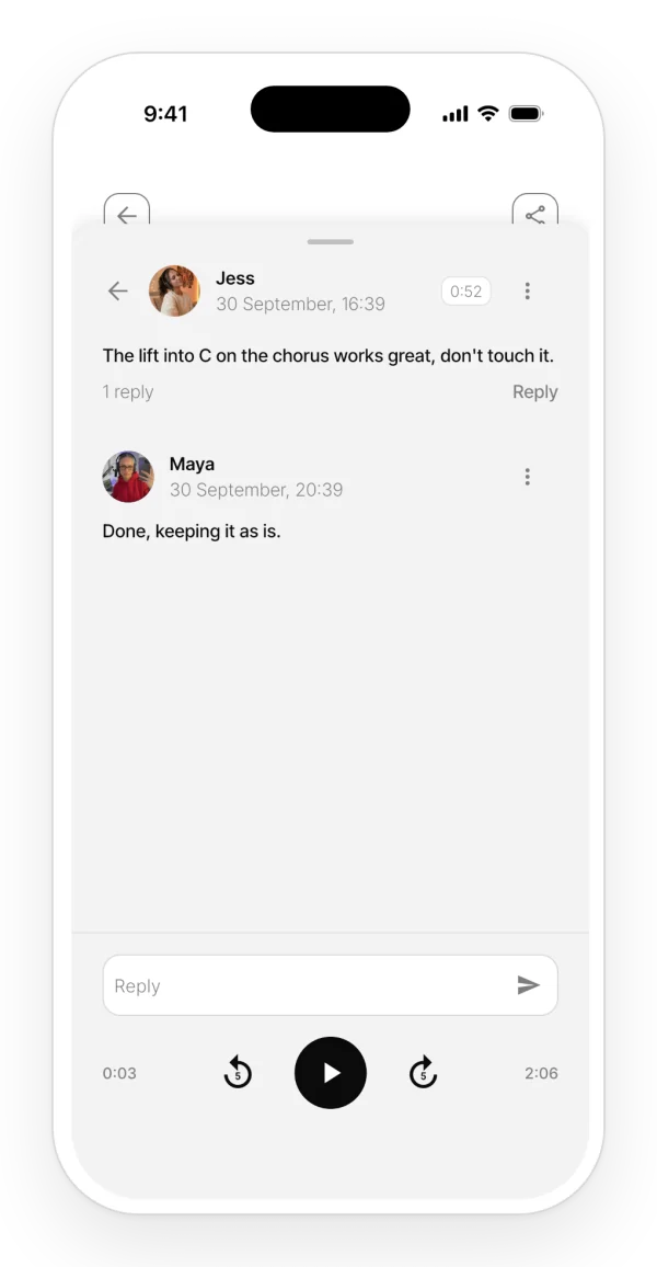 A comment thread on an audio: a comment from someone else on the project at a specific second, and the owner's reply.