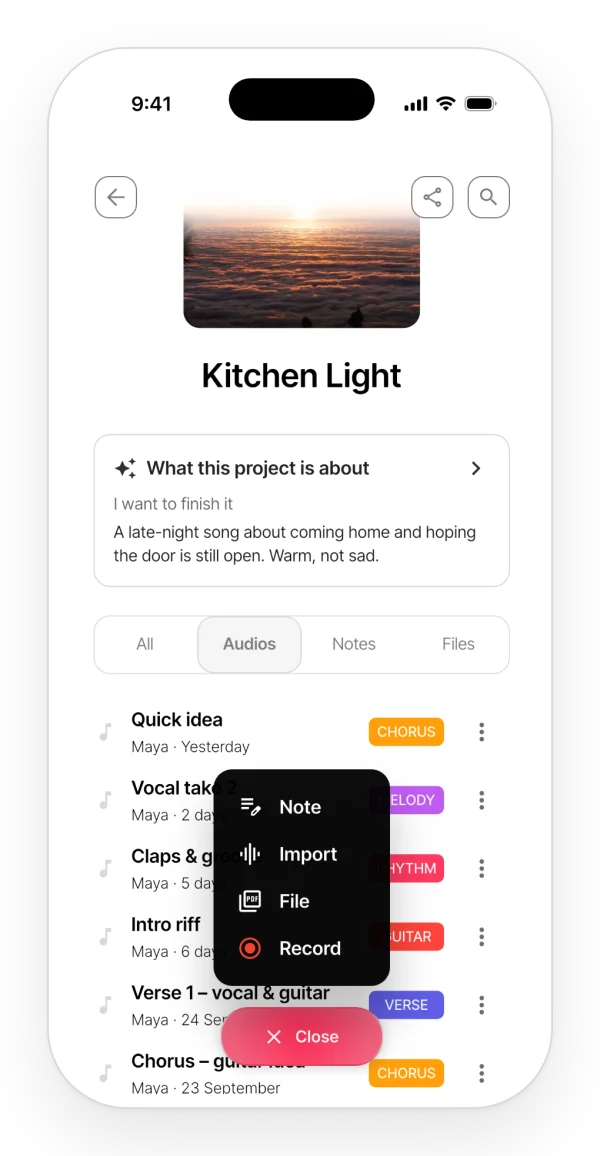 The menu for adding to a project in the app: create a note, import audio, upload a file or record.