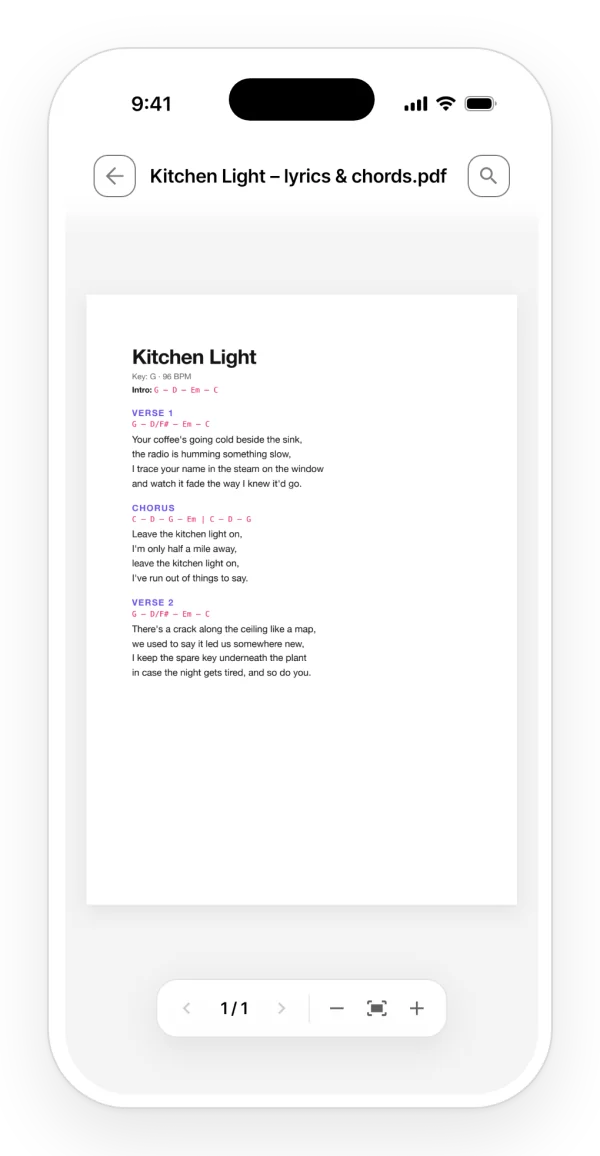 A PDF with a song's lyrics and chords, open inside its project in the app.