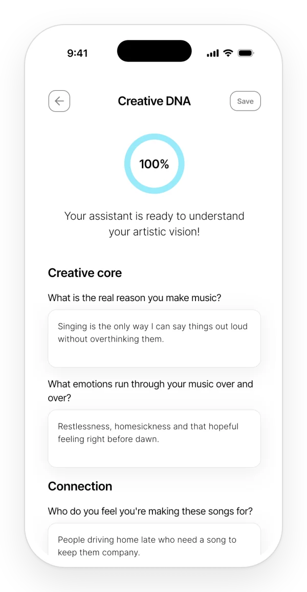 Creative DNA at 100%: your answers about how and why you write, which Auralis takes into account.